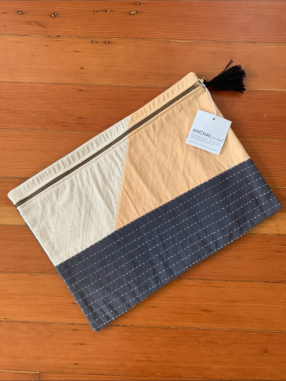 ANCHAL Colorblock Quilted Tablet Sleeve - Cream, Peach & Navy NWT